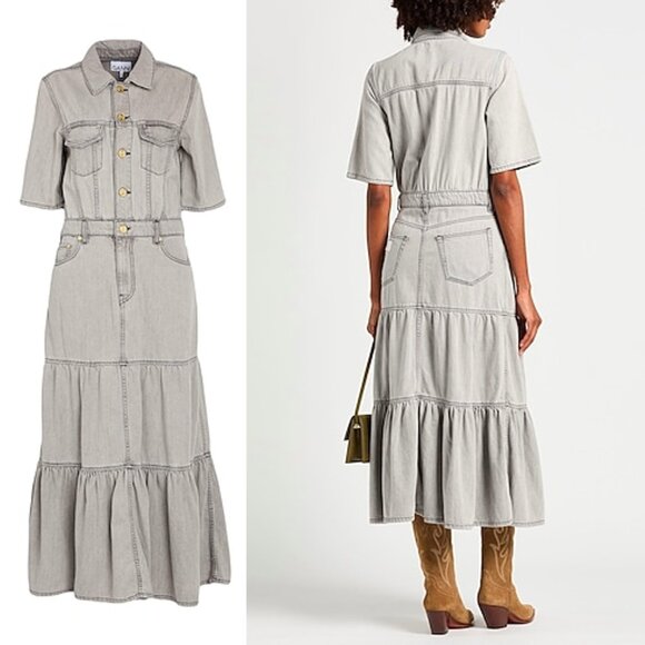 GANNI Tiered Denim Maxi Dress Gray Size 40 (EU 40 / US 8) NWT - Picture 2 of 12